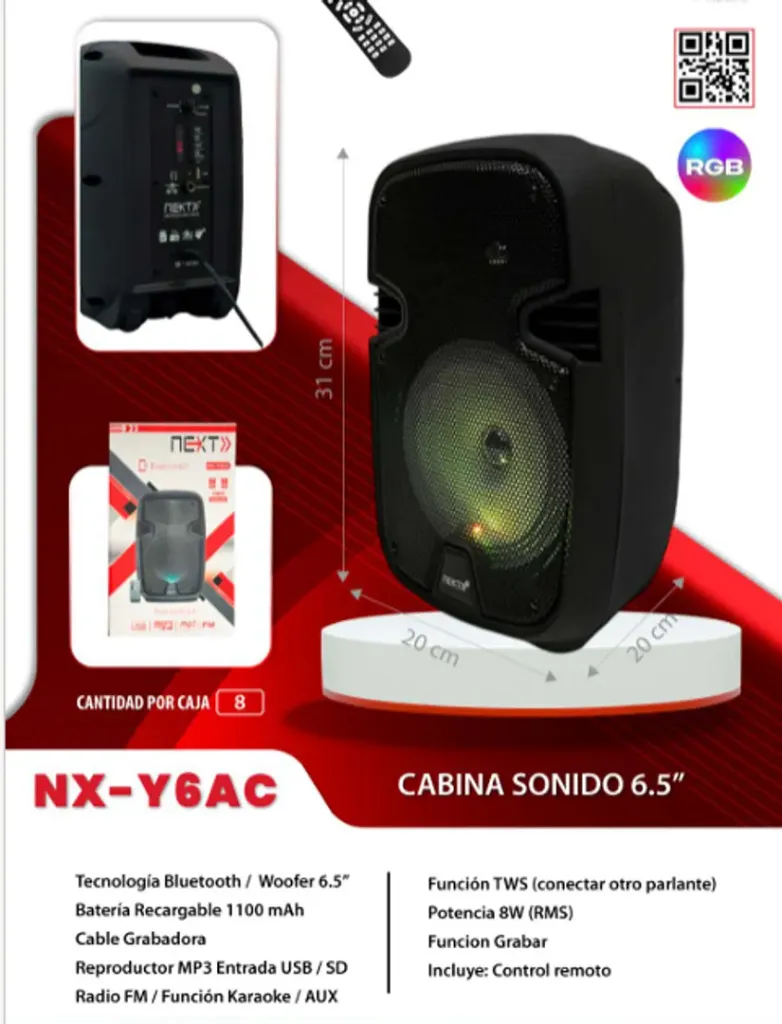CABINA PARLANTE DE 6.5 PULGADAS CON CABLE GRABADORA LUCES LED NX-Y6AC.webp