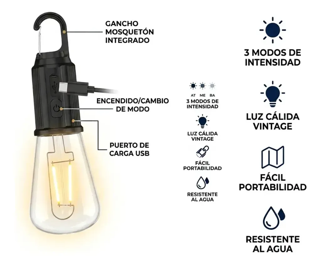 BOMBILLO LED RECARGABLE VINTAGE 3 MODOS LUZ CAMPING PORTATIL....webp